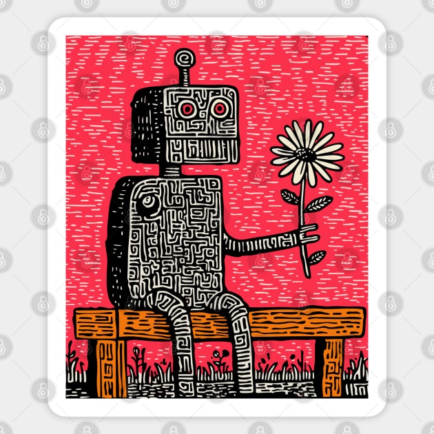 Robot with Wilting Flower – Nature vs. Machine Linocut Sticker by TuncGK